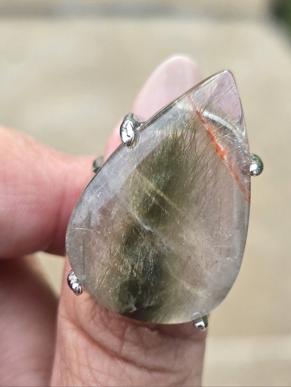 Raw Elongated Garden Quartz Teardrop Ring